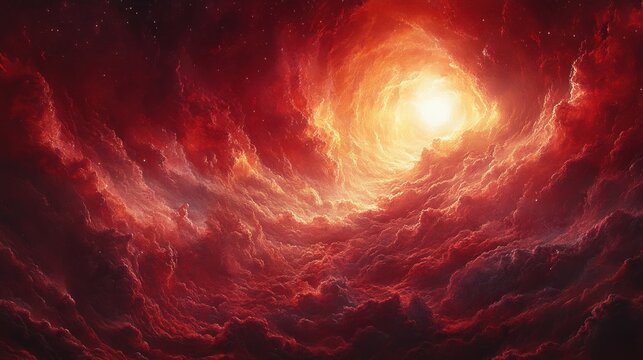 Cosmic Vortex Swirling red nebula clouds around bright light, stars in background, spiritual/fantasy art