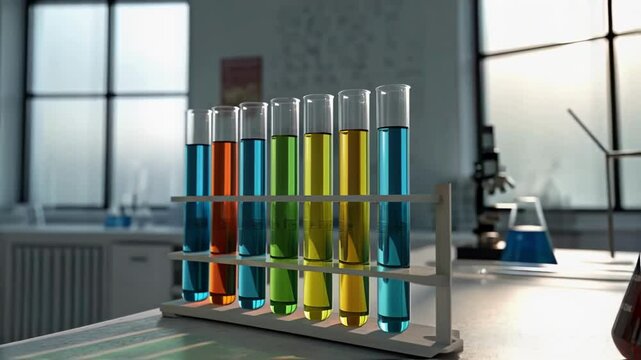 Test tubes with colorful liquids in a rack and flask emitting vapor on a lab bench with microscope, symbolizing chemical research, science experiments and modern laboratory discovery process