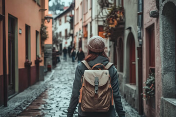 Naklejka premium Backpacker female walks in European town cobblestone street, travel print, promotional background, travel blog photography