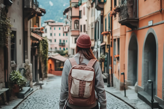 Fototapeta Female tourist exploring european town with backpack, in Italy's charming streets, travel blog illustration, photography