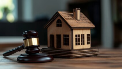 Real estate legal proceedings. A wooden house model sits next to a judge's gavel on a wooden table, symbolizing legal matters in property