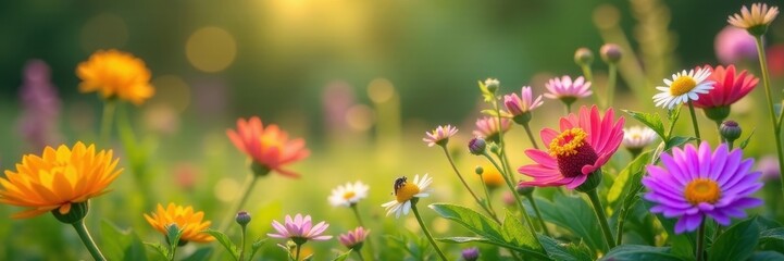 Fototapeta premium Vibrant wildflowers bloom, attracting diverse insects , field, bee