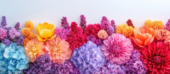 Colorful flower arrangement, rainbow hues, flat lay, floral design, spring background