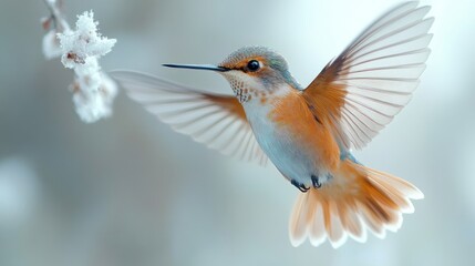 Fototapeta premium Hummingbird in Flight Near Snowy Blossom