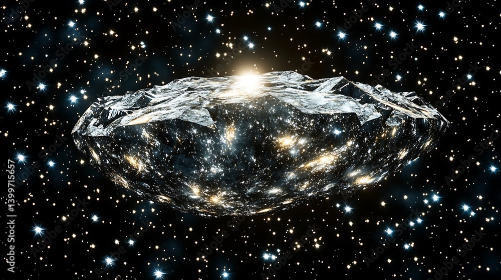 Poster cosmic rock floats amidst stars. a large, metallic-looking asteroid or large celestial object, illum