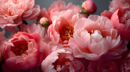 Coral peony flowers background close up.