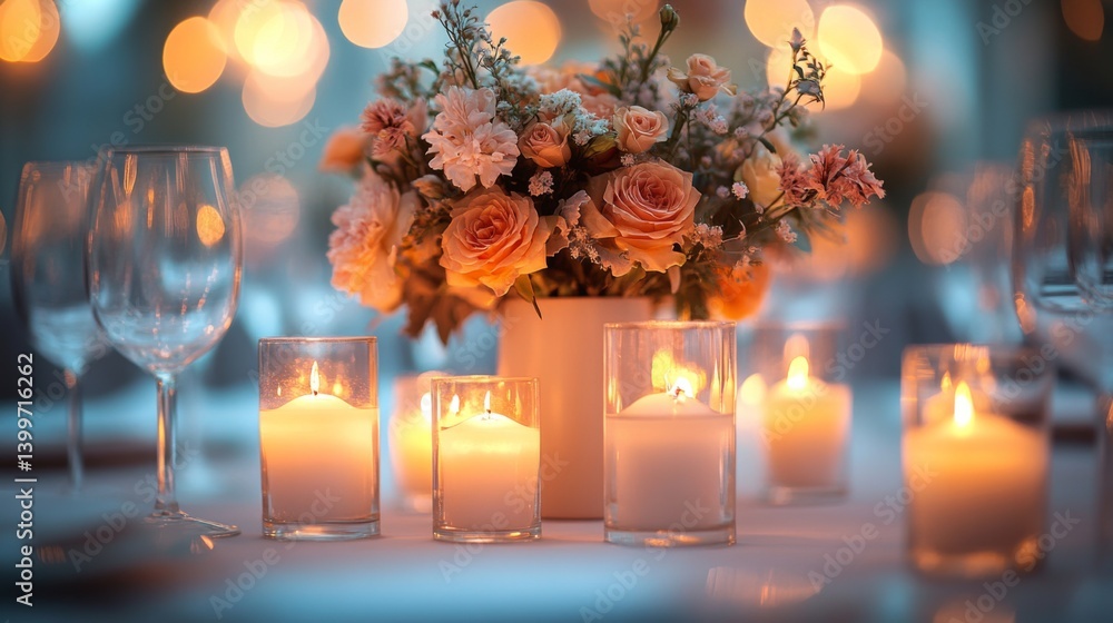 Poster beautifully arranged flowers in soft hues complemented by glowing candles create a warm ambiance for