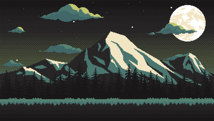 Pixel art location with snowy mountains at night. Natural landscape with moon and stars for game or application. Horizontal seamless background.