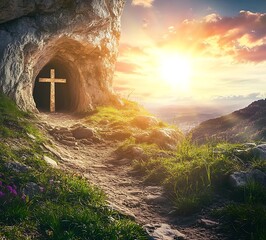 Easter background with empty tomb and cross, stone open door in front of the cave at sunrise, scene symbolizing Jesus' Earthly resurrection on the Day of 