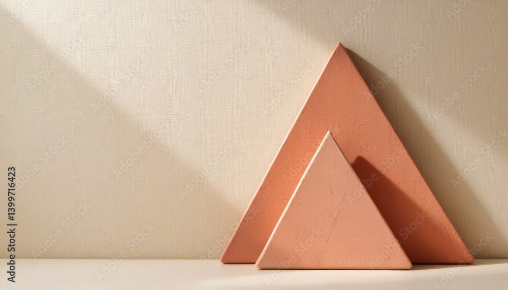 Poster everyday objects - for downstream advertisement and design: two coral-colored triangular prisms rest