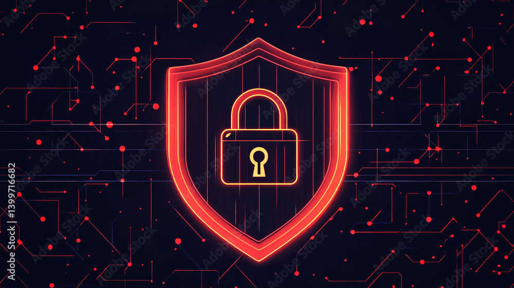 Poster cybersecurity concept red shield with padlock for data protection and network security design elemen