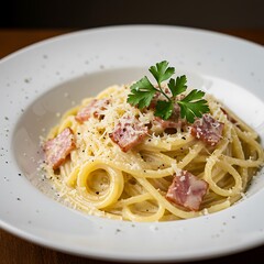 Creamy dreamy carbonara pasta, a comforting Italian classic, garnished with fresh parsley, served on a simple white plate with a sprinkle of black pepper.