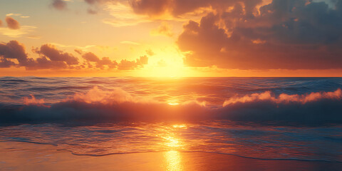Fototapeta premium Sunrise Over Calm Ocean Wallpaper Background for Travel Branding, Wellness Promotion, or Seaside Design Projects