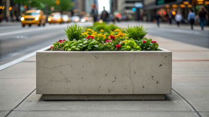Urban infrastructure concept featuring concrete planter filled with green plants and flowers, enhancing streetscape with nature touch