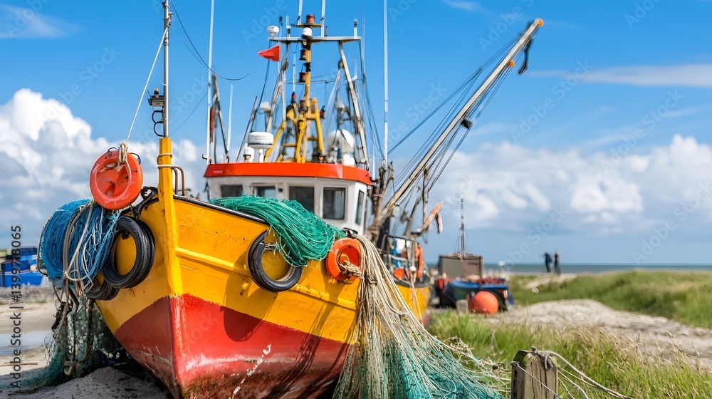 Poster sophisticated modern fishing vessel with advanced navigation and fish detection technologies enablin