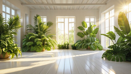 Fototapeta premium A sun-drenched interior reveals a collection of vibrant potted plants bathed in natural light.