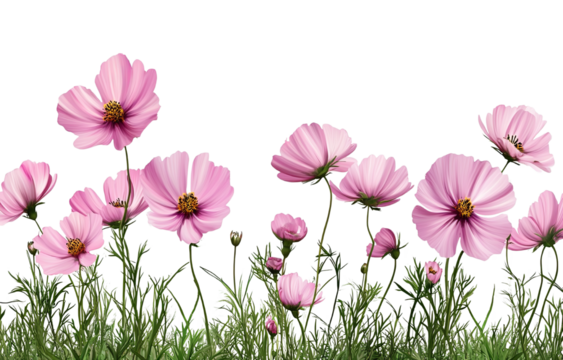 Pink cosmos flowers in grass patch, feeling so fresh and lovely, petals looking so delicate in light, it is just so calming