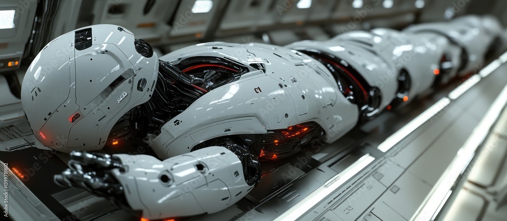 Wall mural robots on assembly line in futuristic factory