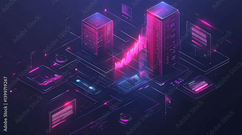 Poster isometric data server network illustration for cloud computing and information technology concept