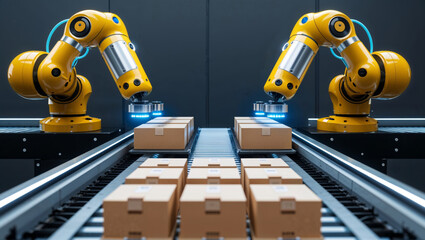 Fototapeta premium Robotic arms precisely sorting packages on a conveyor belt, symbolizing automation in production.