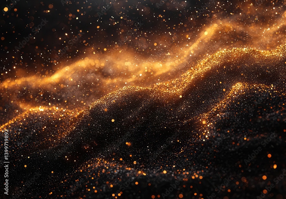 Poster abstract golden particles creating a mesmerizing wave pattern in a dark background, perfect for grap