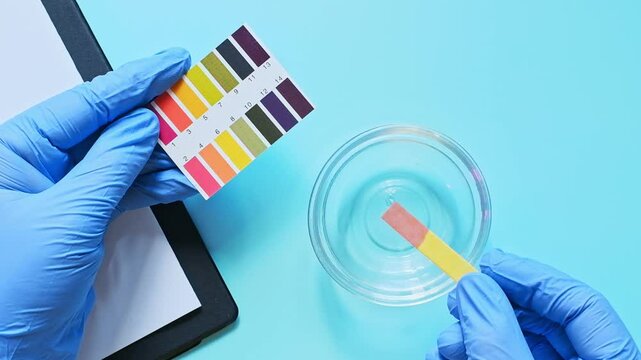 Gloved hands testing ph levels with indicator strips in laboratory setting. Acidic environment
