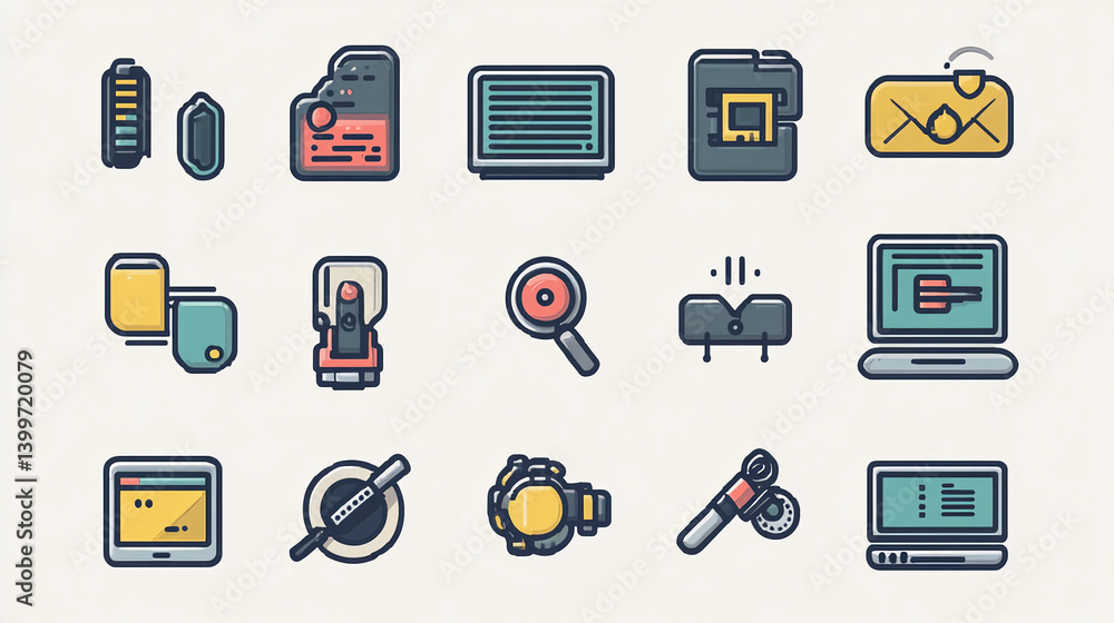 Poster set of vector icons for business and technology concept including computer battery and email communi