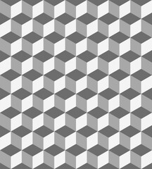 A repeating 3D cube pattern in black, gray, and white tones, forming a seamless geometric tessellation with a modern, optical illusion effect
