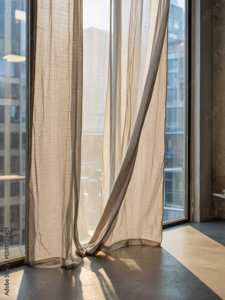 Poster everyday objects - for downstream advertisement and design: sunlight streams through sheer linen cur