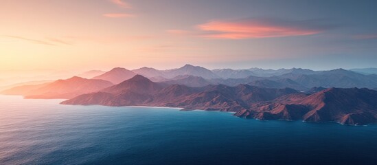 Coastal sunset mountainscape, serene ocean background, travel poster