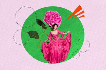 3D photo collage template trend artwork of young lady historical costume elegance vintage fashion springtime botanical bloom bouquet flora