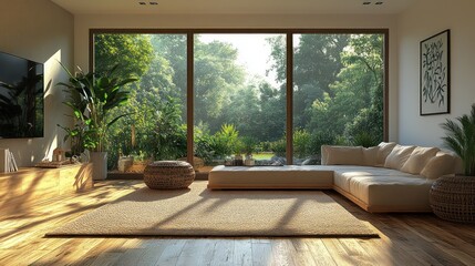 Serene Living Room with Lush Greenery View