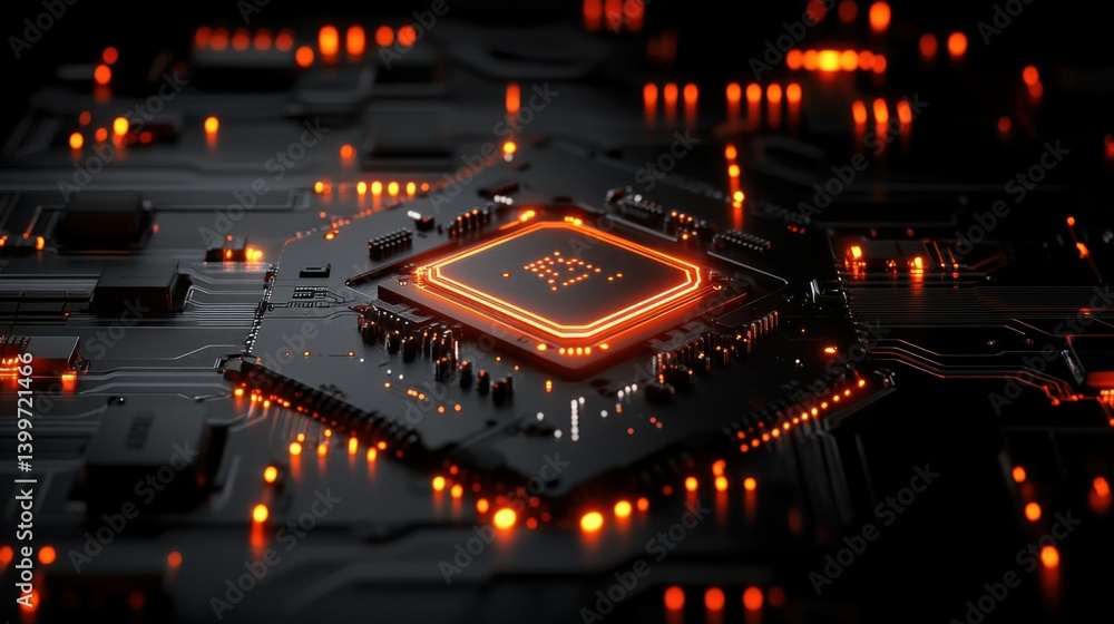 Poster close-up of a microchip glowing with neon lights, symbolizing advanced ai