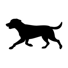 Silhouette of a running dog with its tail up in the air and mouth open on a white background
