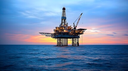 Illuminated offshore oil rig standing tall in the middle of the dark nighttime ocean with waves and a scenic blue horizon