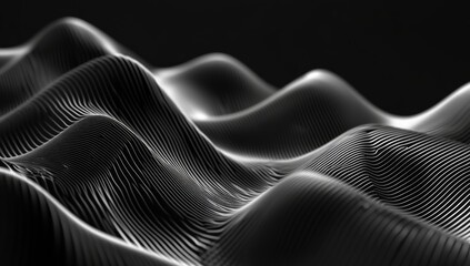 Abstract wave-like patterns of lines creating a dynamic, flowing, and textured surface.  The dark gray tones and detailed, undulating forms suggest a sense of depth and movement