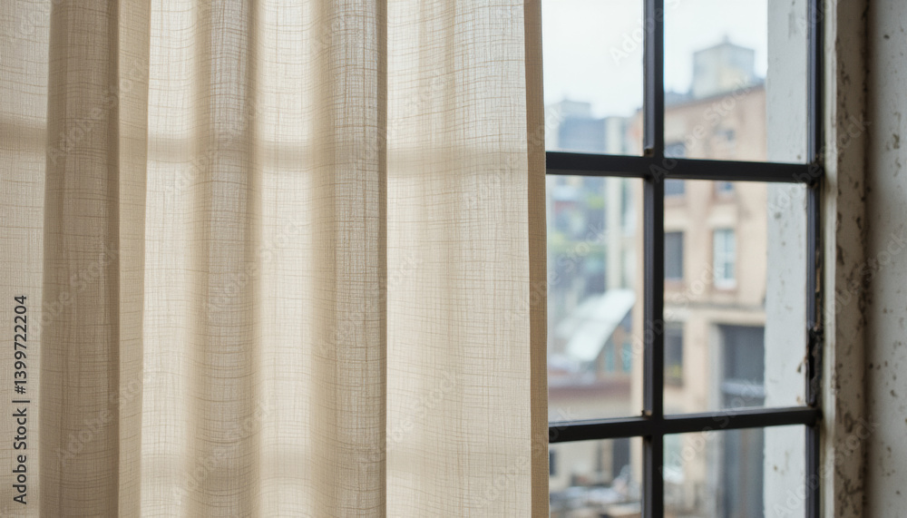 Poster everyday objects - for downstream advertisement and design: soft, beige curtains gently filter sunli