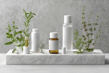 Cosmetic bottles with plants on marble slab