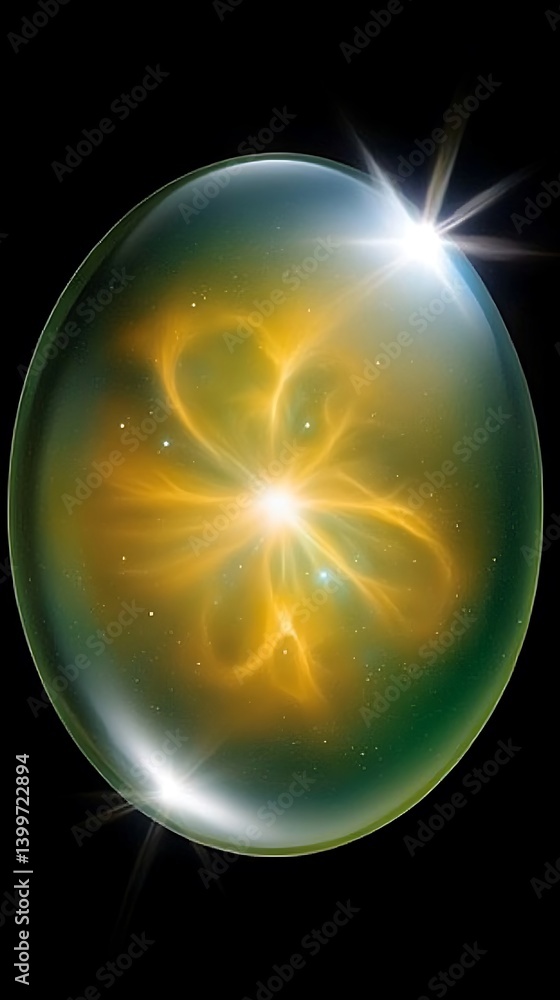 Poster a glowing, spherical orb of swirling, golden light within a transparent sphere. intricate patterns r
