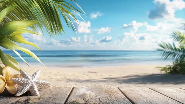 Enjoy a serene beach setting with gentle ocean waves and vibrant palm trees swaying under clear blue skies. Perfect for a peaceful retreat or vacation getaway