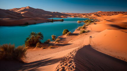 Striking Red Desert Landscape with Turquoise Water Oasis