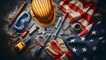 Yellow helmet, goggles, and screwdriver laid out on industrial metal surface with American theme colors for tribute to labor