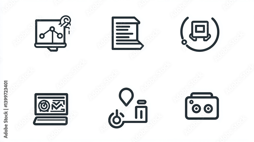 Poster business analysis icons vector set for data analytics and reporting on marketing strategy and perfor