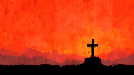 Obraz premium A solitary cross stands silhouetted against a fiery red sunset sky above a dark landscape symbolizing faith and sacrifice.