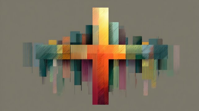 A vibrant abstract cross design symbolizes faith hope and city skyline merging spirituality with urban life.