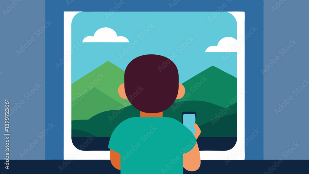 Poster life through a screen a child looking out of a window with a beautiful landscape but they are holdin
