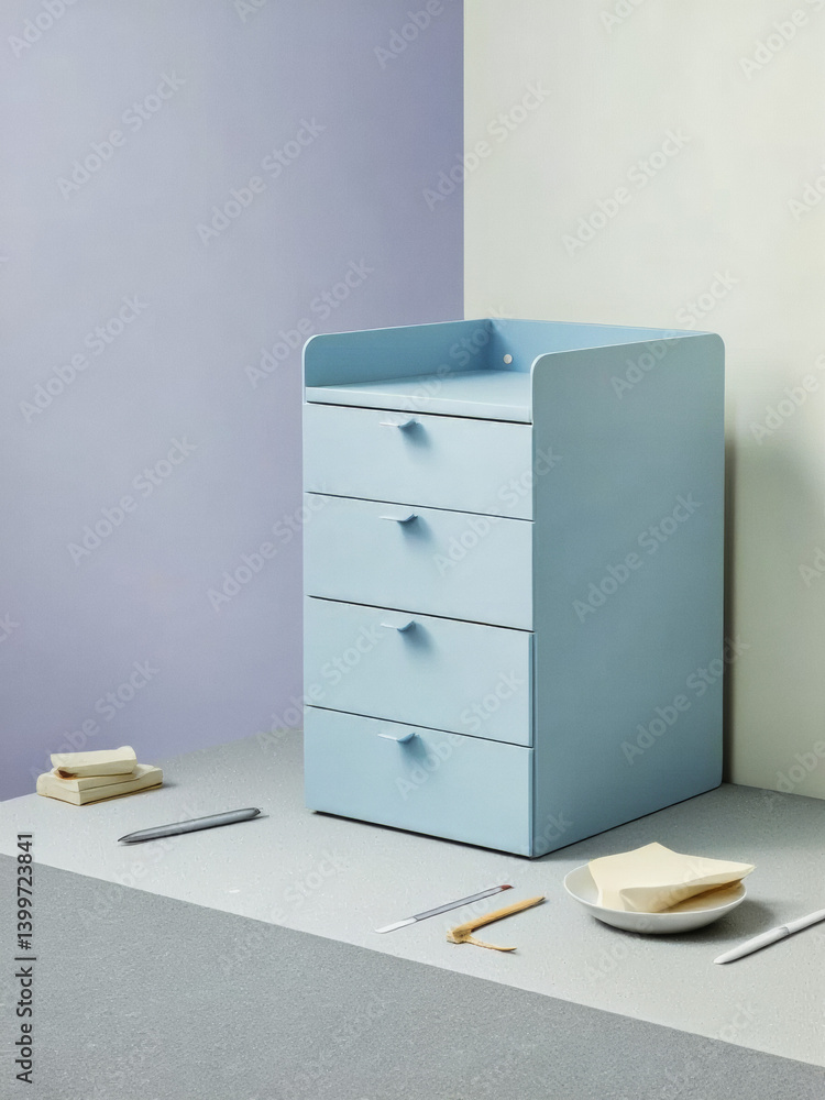 Poster everyday objects - for downstream advertisement and design: a light blue, four-drawer filing cabinet