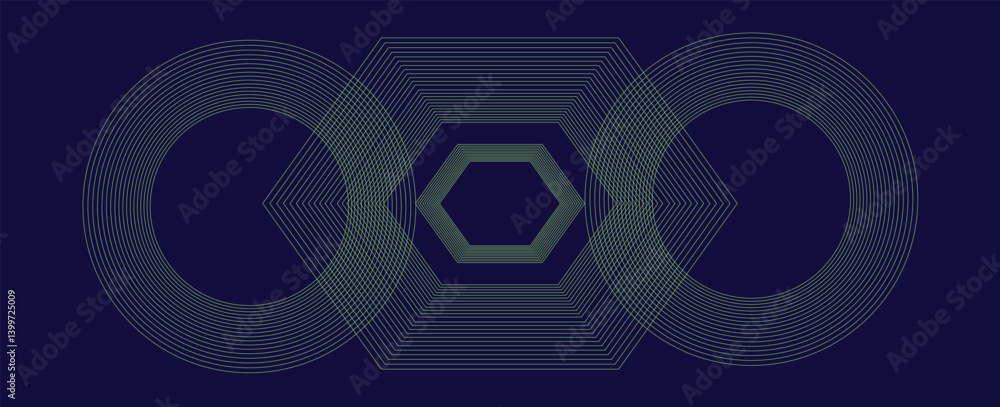 Poster abstract blue and green glowing geometric lines on dark background. modern shiny blue rounded square