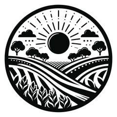 Vintage Farm Landscape Emblem – Black and White Countryside Scene with Sun and Fields