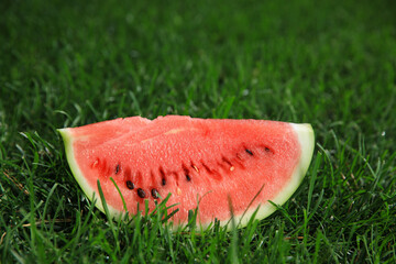 Ripe red watermelon on the grass in summer